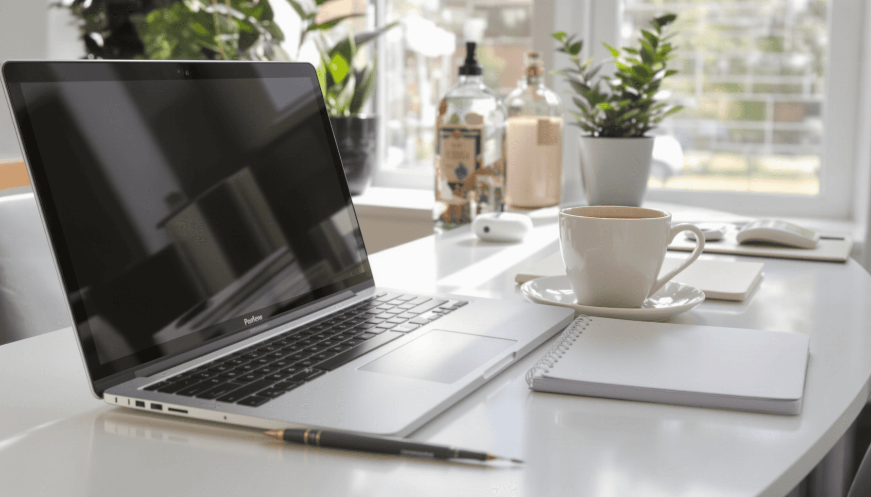Escritório em casa com laptop, caderno e caneca de café na mesa, banhado por uma suave luz natural, criando um ambiente de trabalho calmo e acolhedor para trabalho remoto como freelancer.
