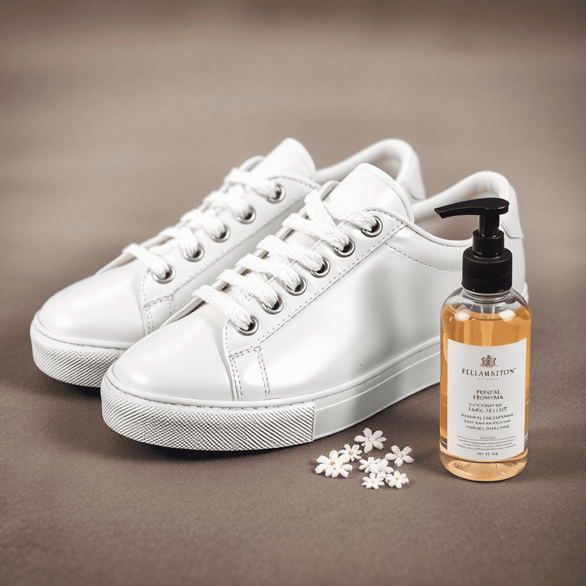 Un par de tenis de lujo limpios y brillantes sobre una superficie elegante, con un cepillo de limpieza y un frasco de producto para calzado, en un fondo neutro.