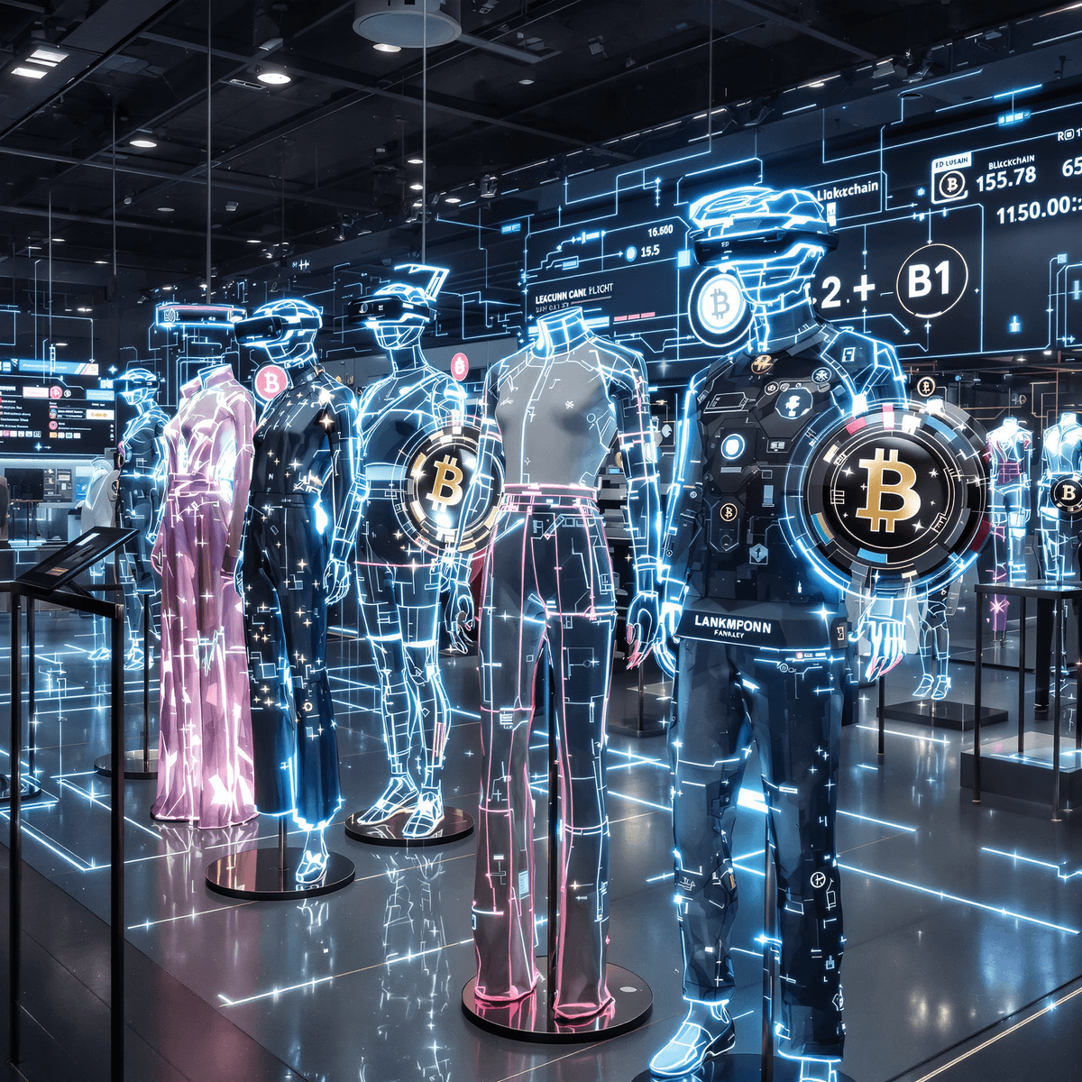 Holographic mannequins display sleek virtual clothing with glowing blockchain symbols and AR interfaces in a futuristic digital fashion showcase.