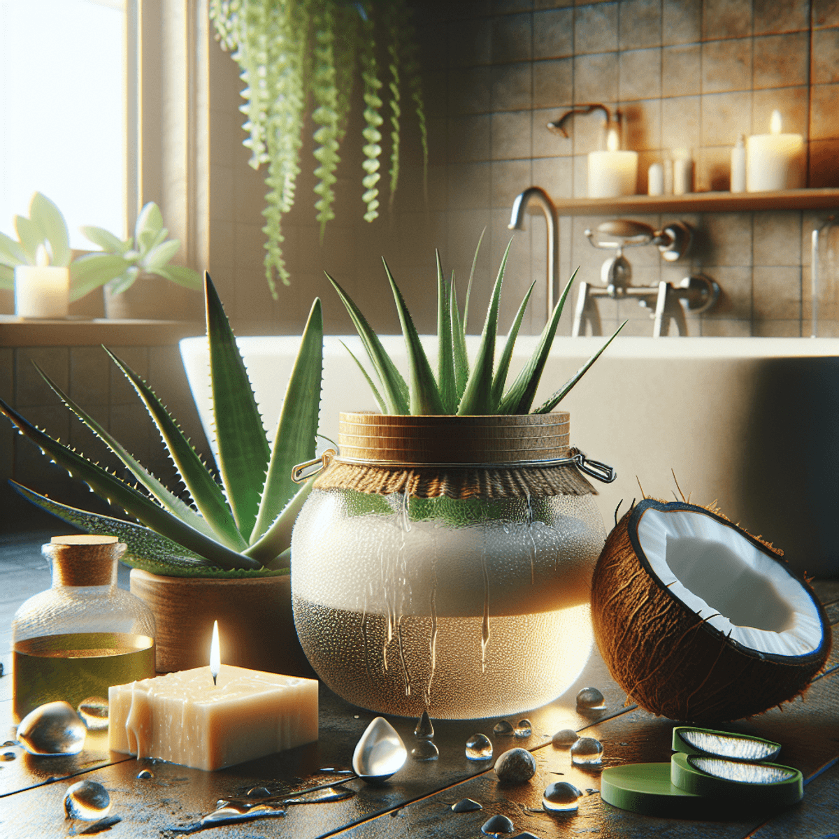 DAD Ayurveda Kaya Jel 2 A serene bathroom scene featuring a distinctive jar inspired by Ayurvedic skincare, filled with a gel-like substance. Surrounding the jar are natural skincare ingredients like fresh aloe vera leaves, a cracked-open coconut oozing with oil, and a block of shea butter. The soft, warm lighting creates an inviting ambiance, while hints of greenery, such as a potted fern or hanging ivy, add to the essence of natural wellness and skincare.