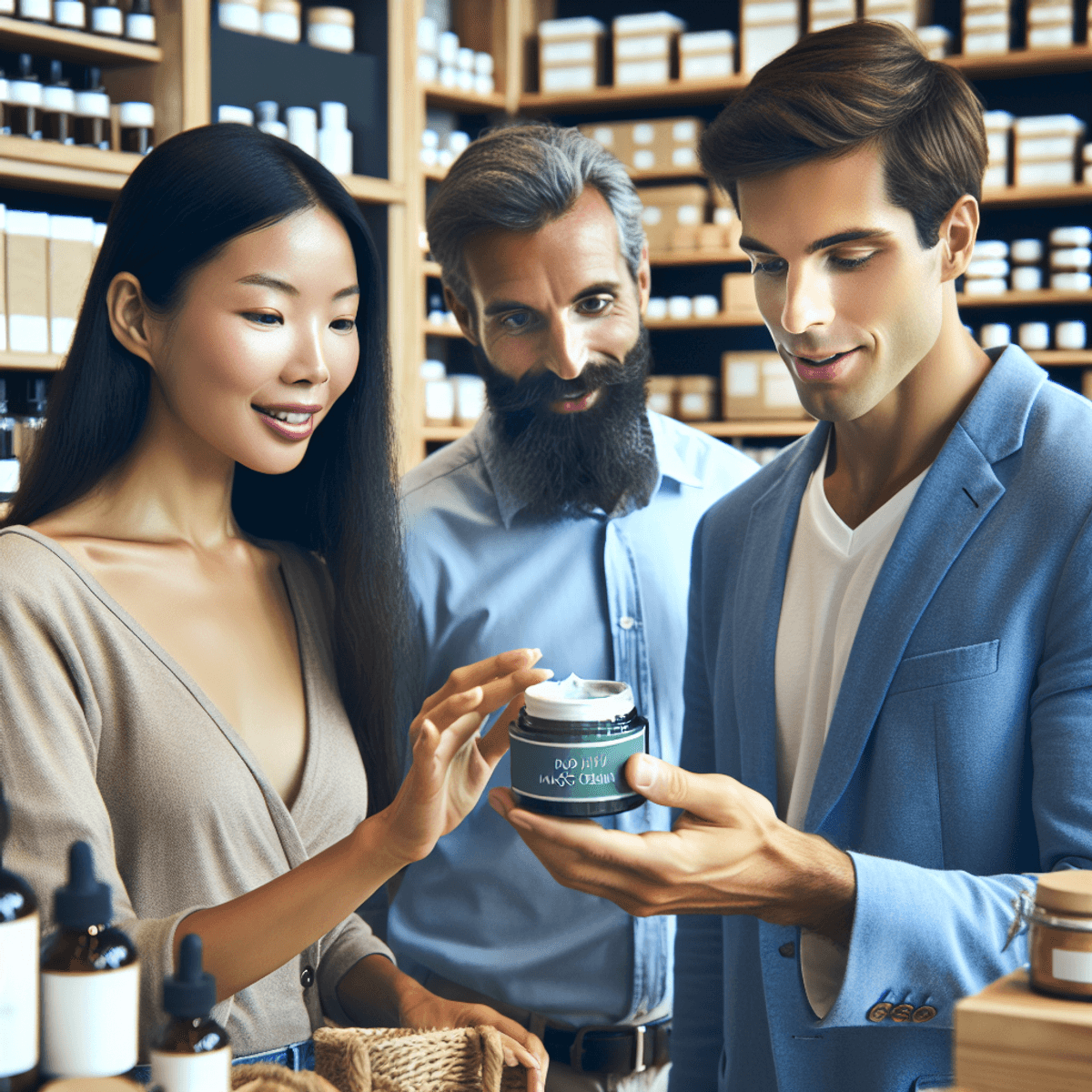 DAD Ayurveda Kaya Jel 4 A racially diverse group of individuals, including an Asian woman and a Caucasian man, are engaged in a lively conversation about skincare products in a bright and welcoming store. The Asian woman and Caucasian man are closely examining a jar of green herbal cream, with the label suggesting "DAD Ayurveda Kaya Jel Magic Cream." The background features shelves stocked with an array of natural-looking skincare items in various earthy tones, creating a warm and inviting atmosphere.