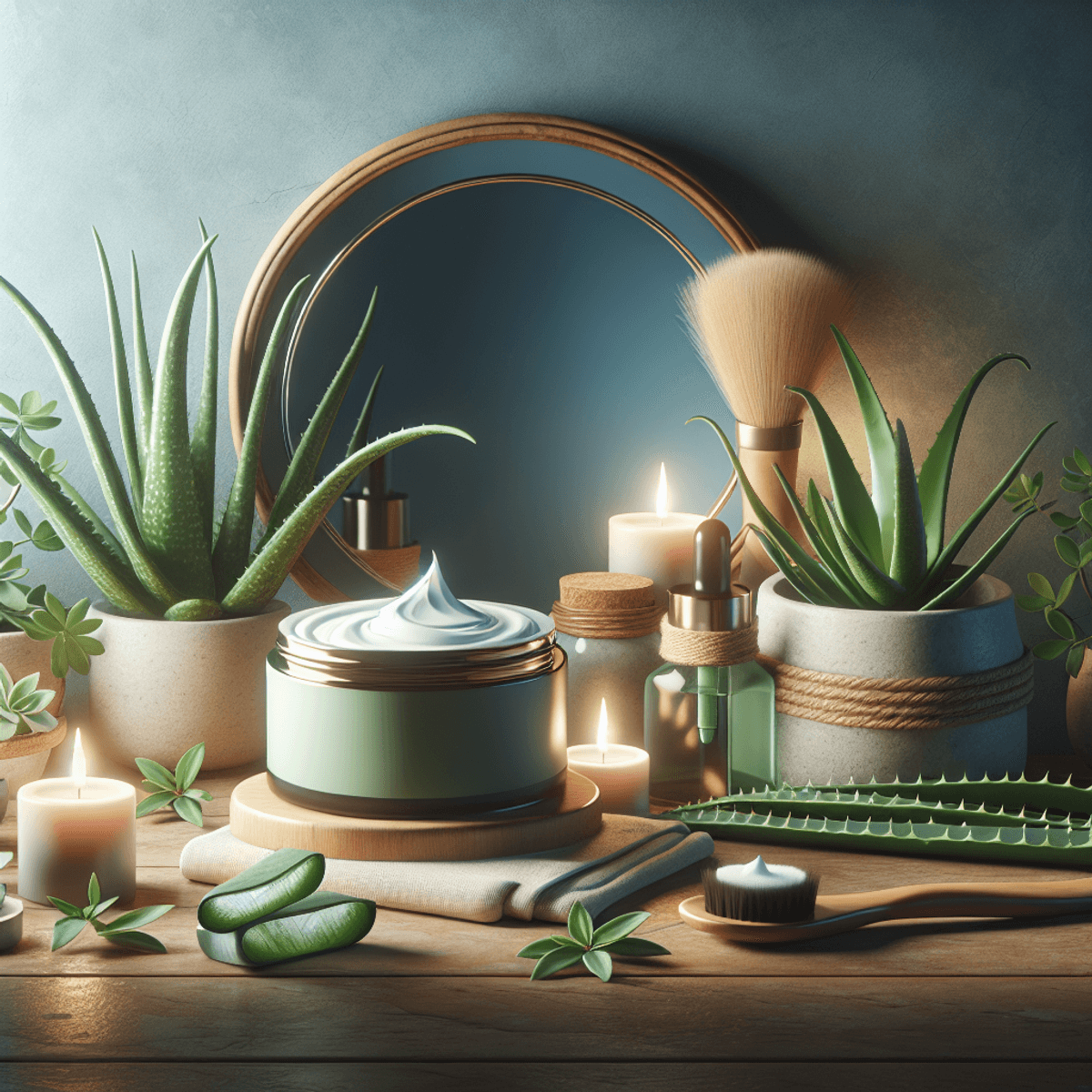 DAD Ayurveda Kaya Jel 5 A serene bathroom setting featuring a non-descript Ayurvedic cream jar surrounded by lush aloe vera plants, vibrant green leaves, and softly glowing candles. A small mirror reflects warm, cozy light, creating an inviting atmosphere that embodies relaxation and wellness, symbolizing Ayurvedic skincare and self-care rituals.