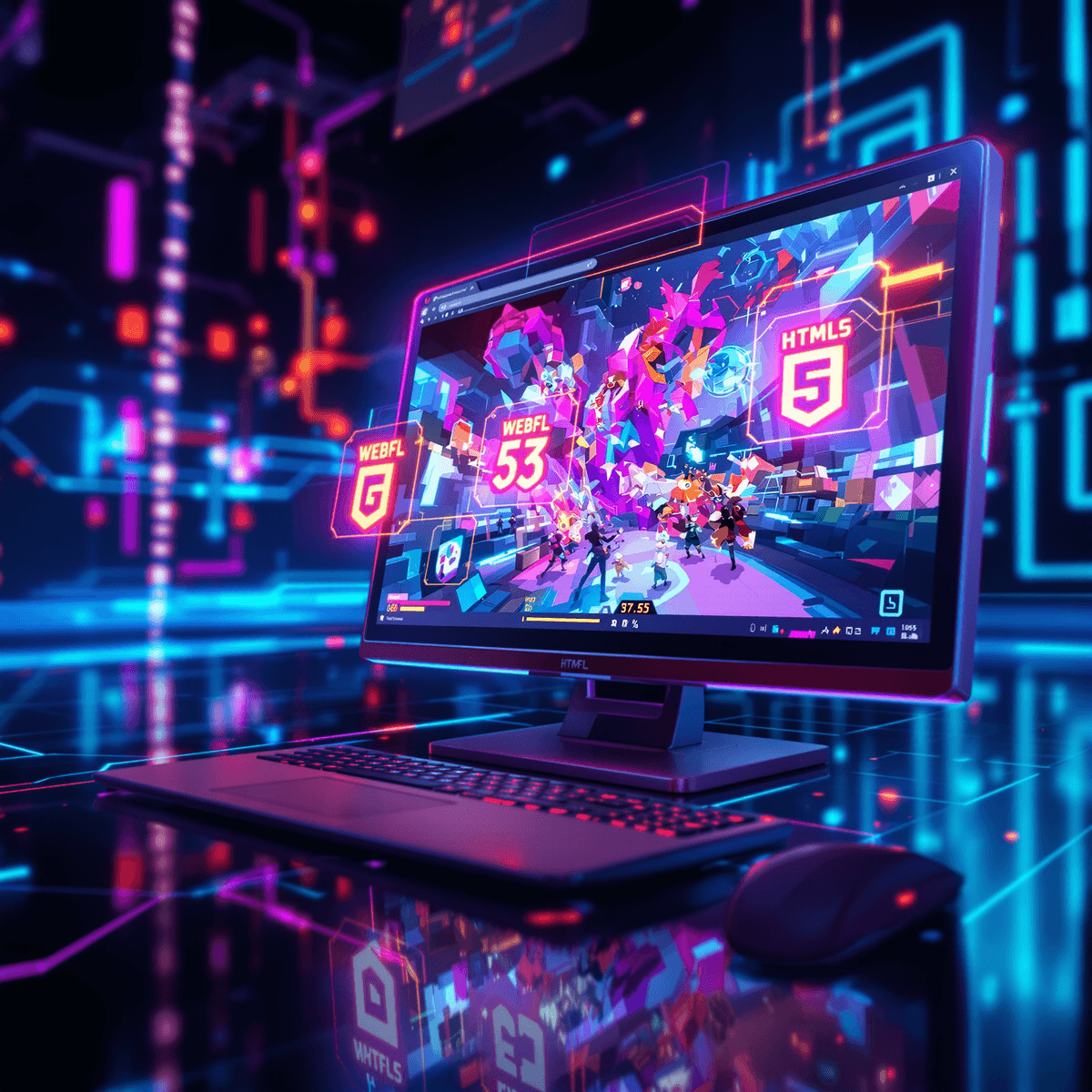 A futuristic computer screen shows vibrant 3D game graphics with glowing WebGL and HTML5 icons, highlighting advanced browser-based gaming technology.
