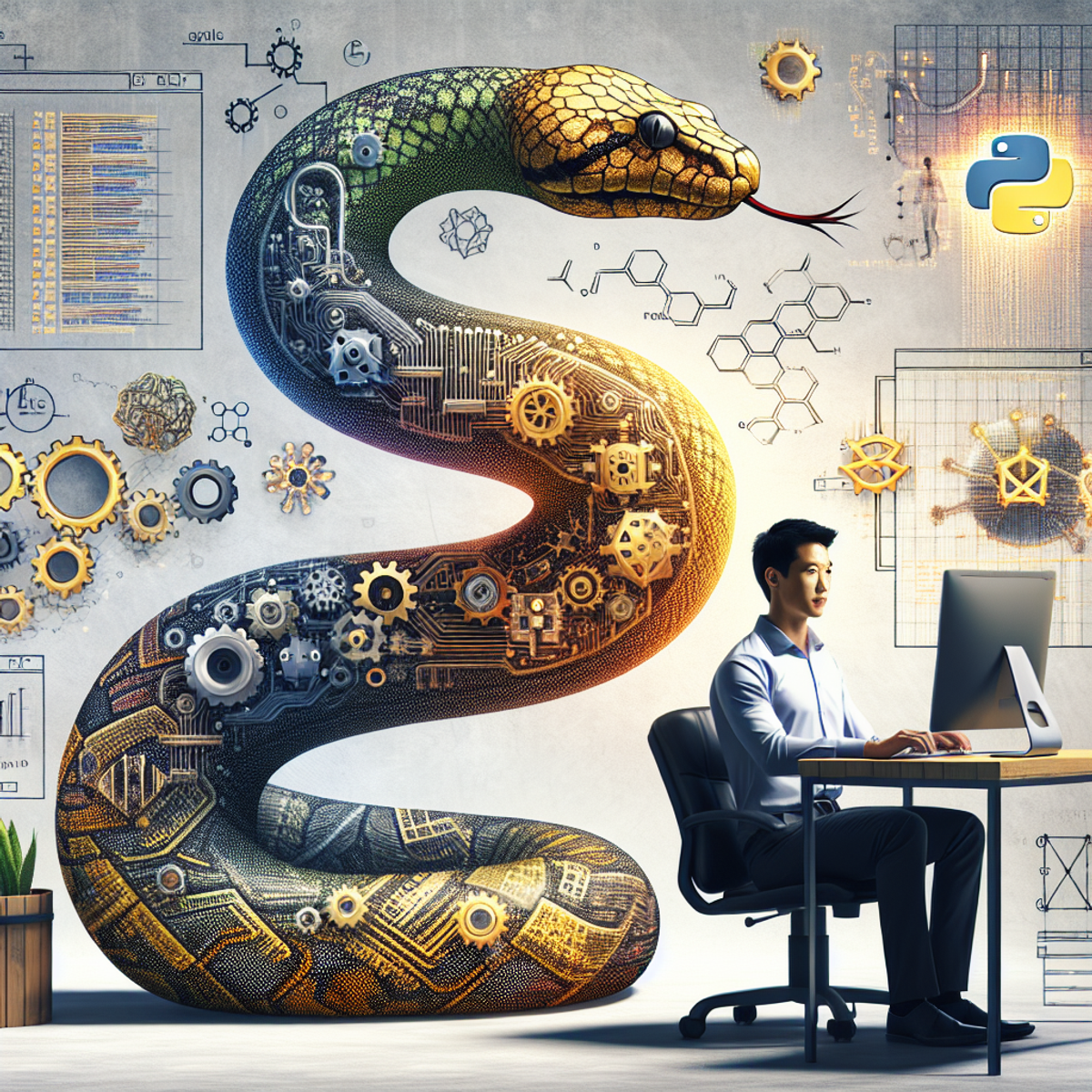 A large, robust python snake formed from gears, circuits, and stylized DNA, with an Asian descent individual as a machine learning scientist and a data science workstation nearby.