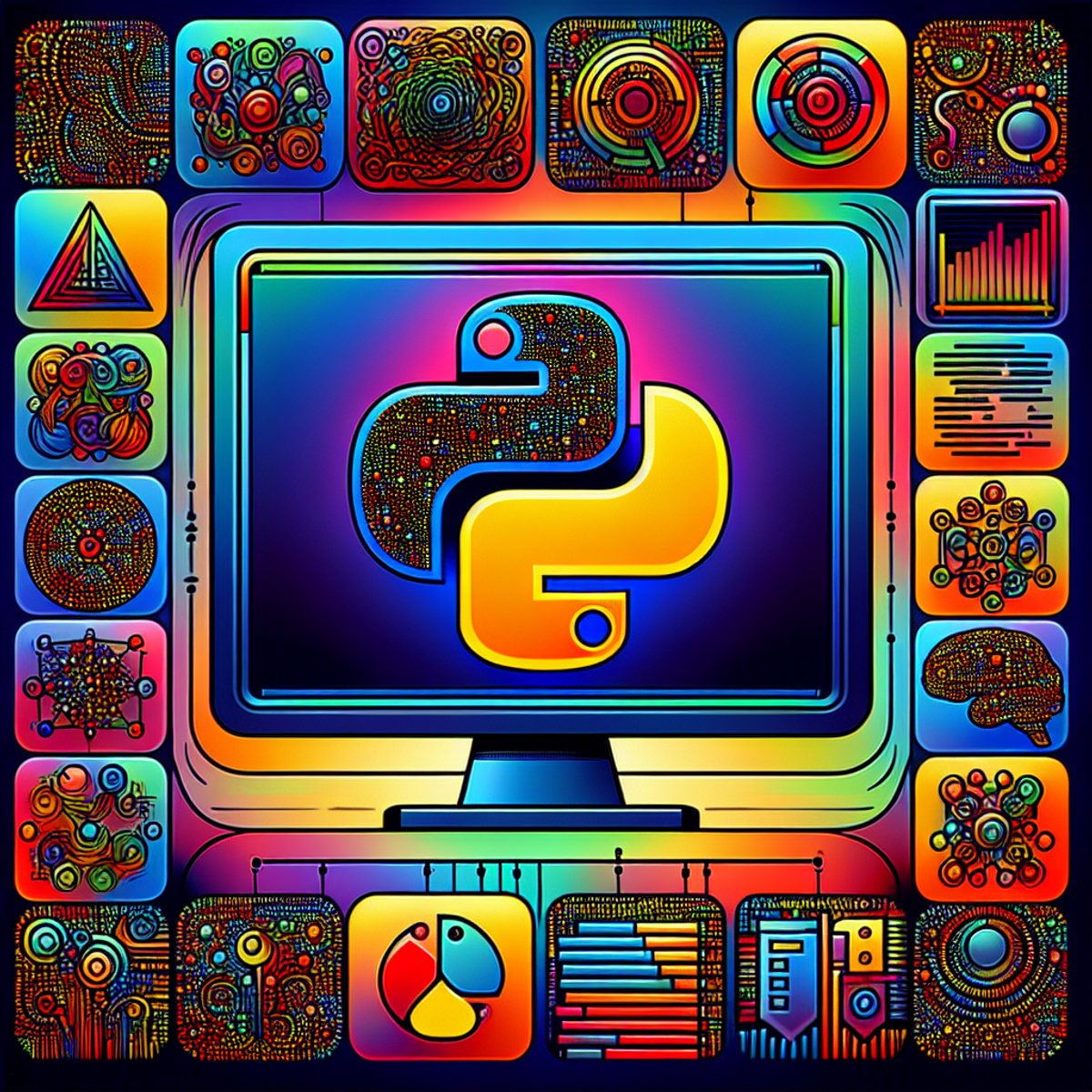 A computer screen displaying colorful, abstract Python code surrounded by vibrant icons representing different steps in the machine learning workflow.