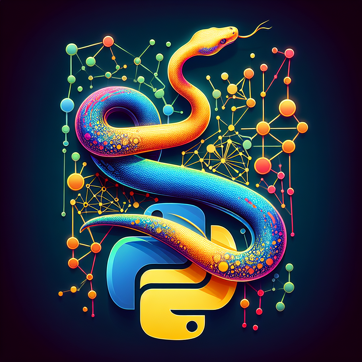 An abstract image of a serpent intertwined with machine learning symbols, representing the powerful combination of Python and machine learning.