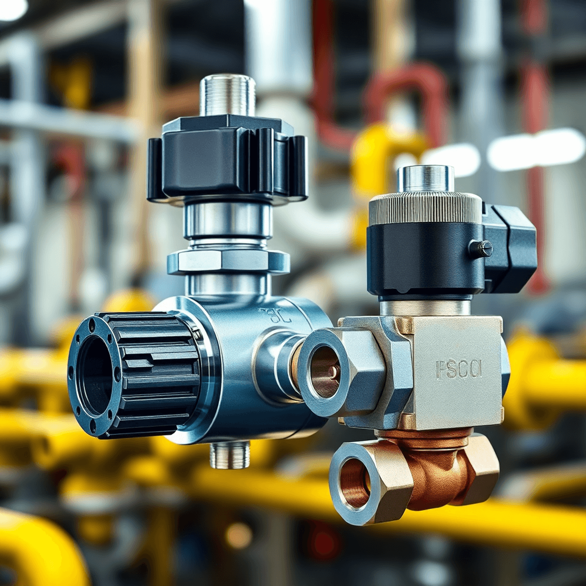 Close-up of a pressure regulator and solenoid valve with intricate mechanisms, set against an industrial background of blurred pipes, showcasing vibrant metallic textures.