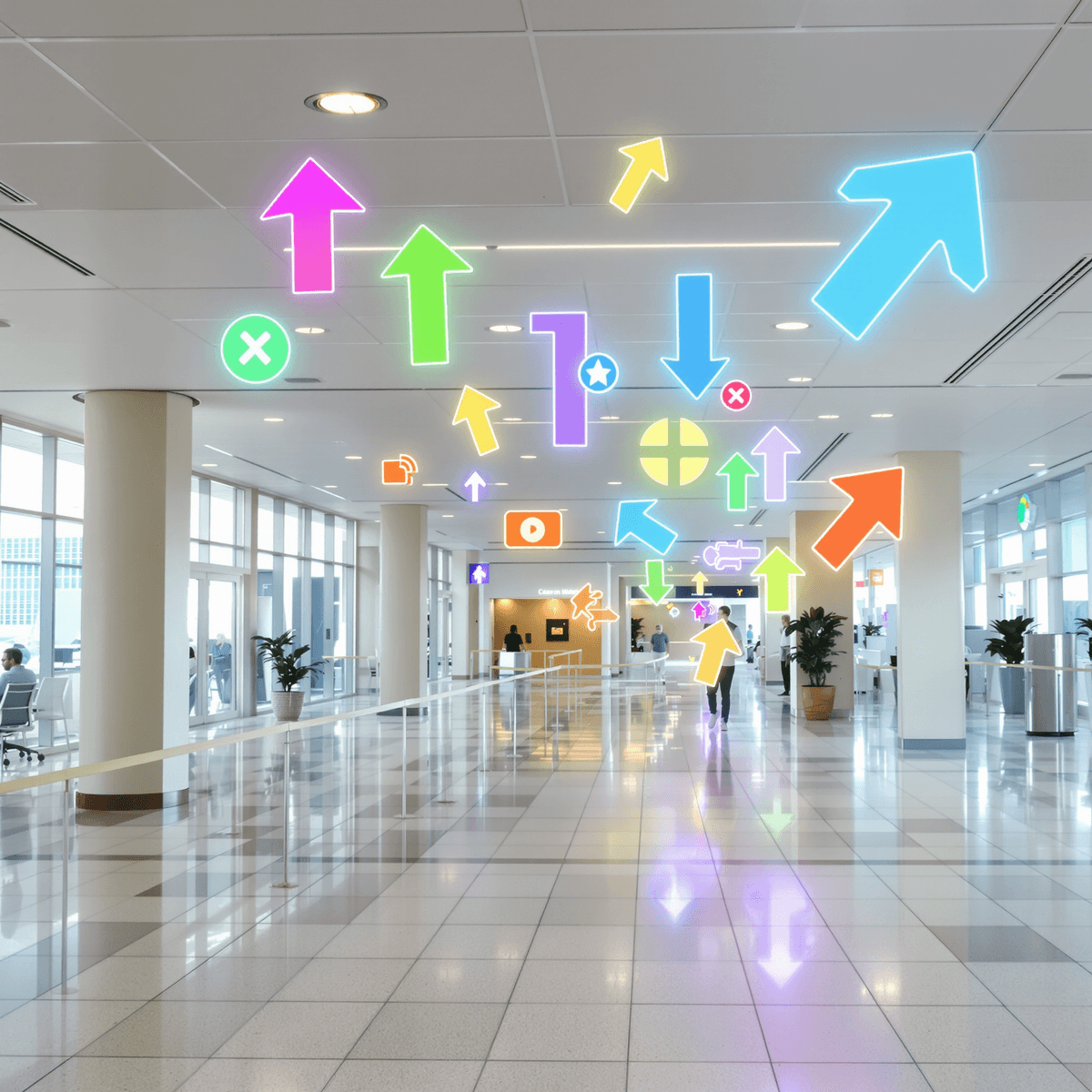 Bright modern lobby with colorful abstract arrows floating, guiding an invisible path; soft lighting highlights clean architectural lines and clarity.