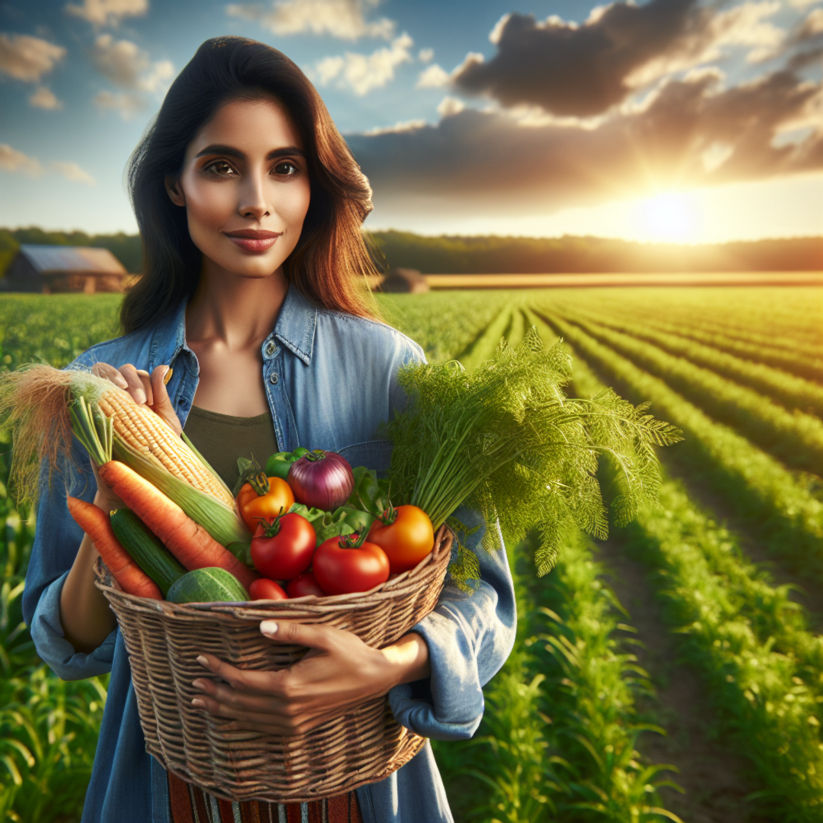 A South Asian female farmer holding a basket of fresh crops in a lush green field.