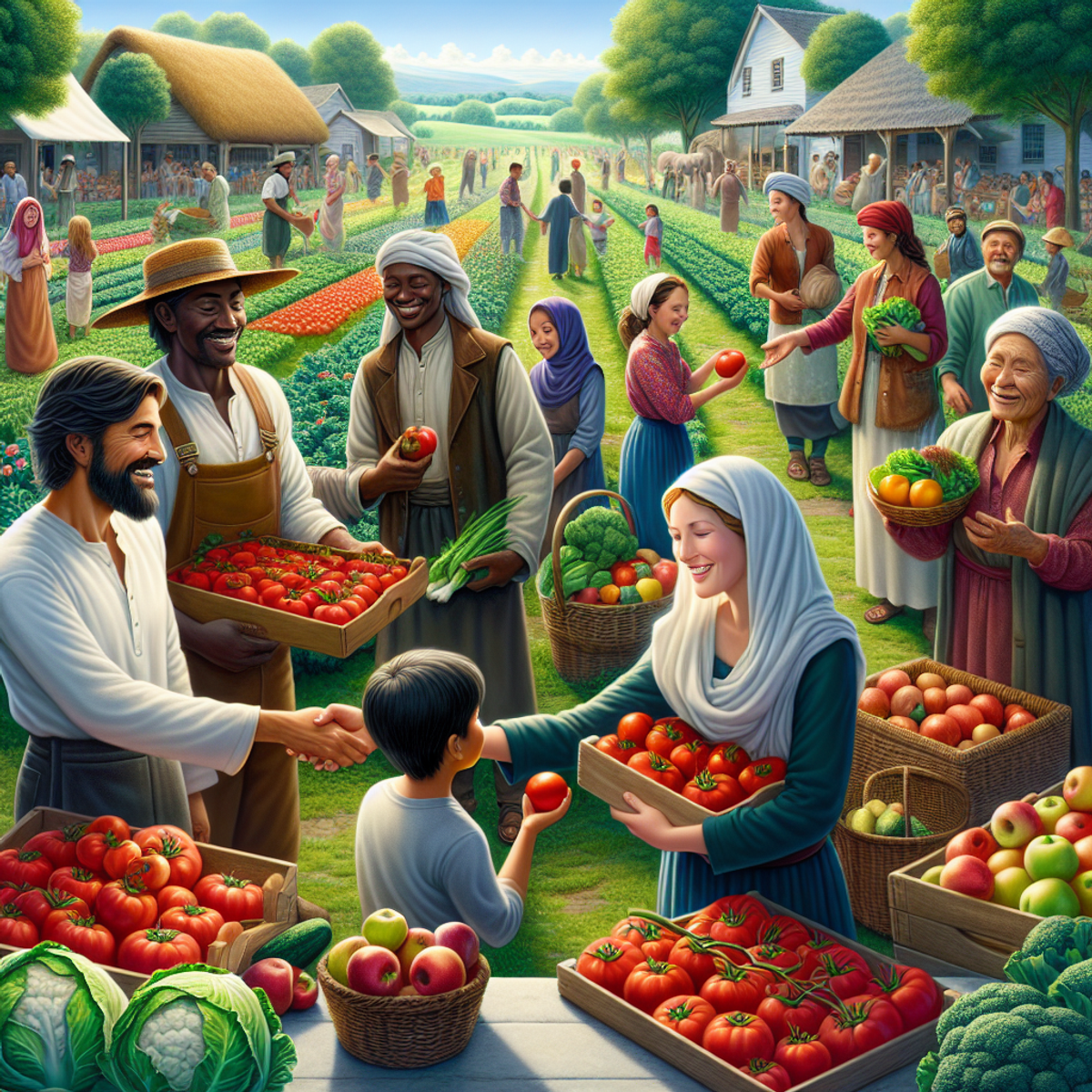 A diverse group of farmers and children exchanging fresh produce in a vibrant farm setting.