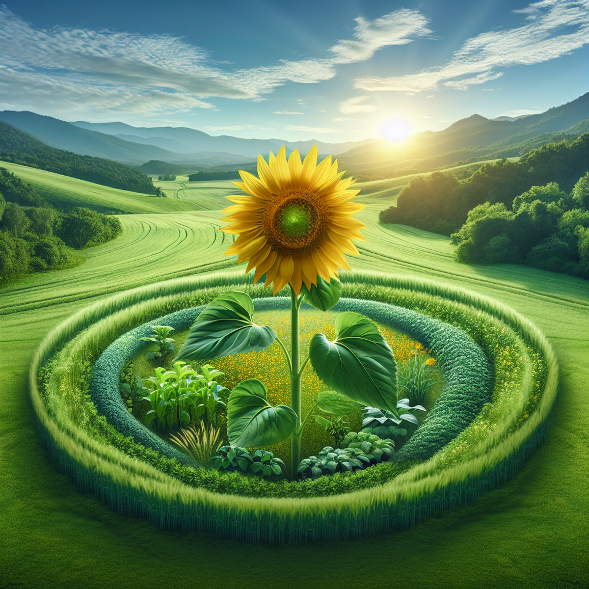 A sunflower standing tall in a lush, green field under a clear blue sky.