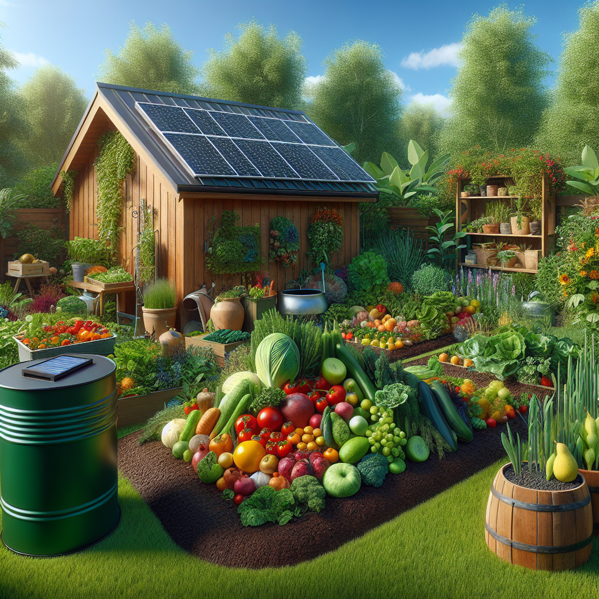 A flourishing garden with colorful fruits and vegetables, compost bin, rainwater barrel, and solar-powered ornament.