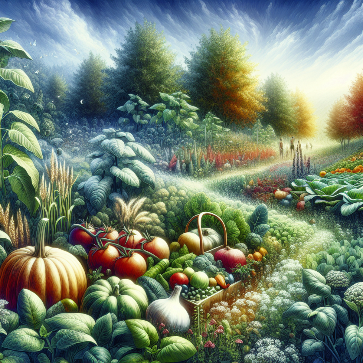 A colorful garden with various fruits, vegetables, and herbs growing in the sunlight.