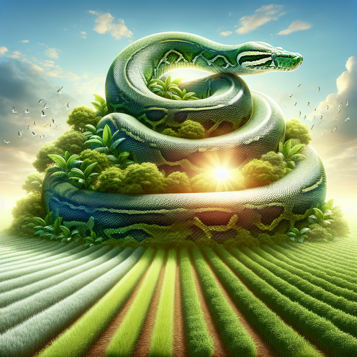 A massive python coils around a lush green field, its scales glistening in the sun.