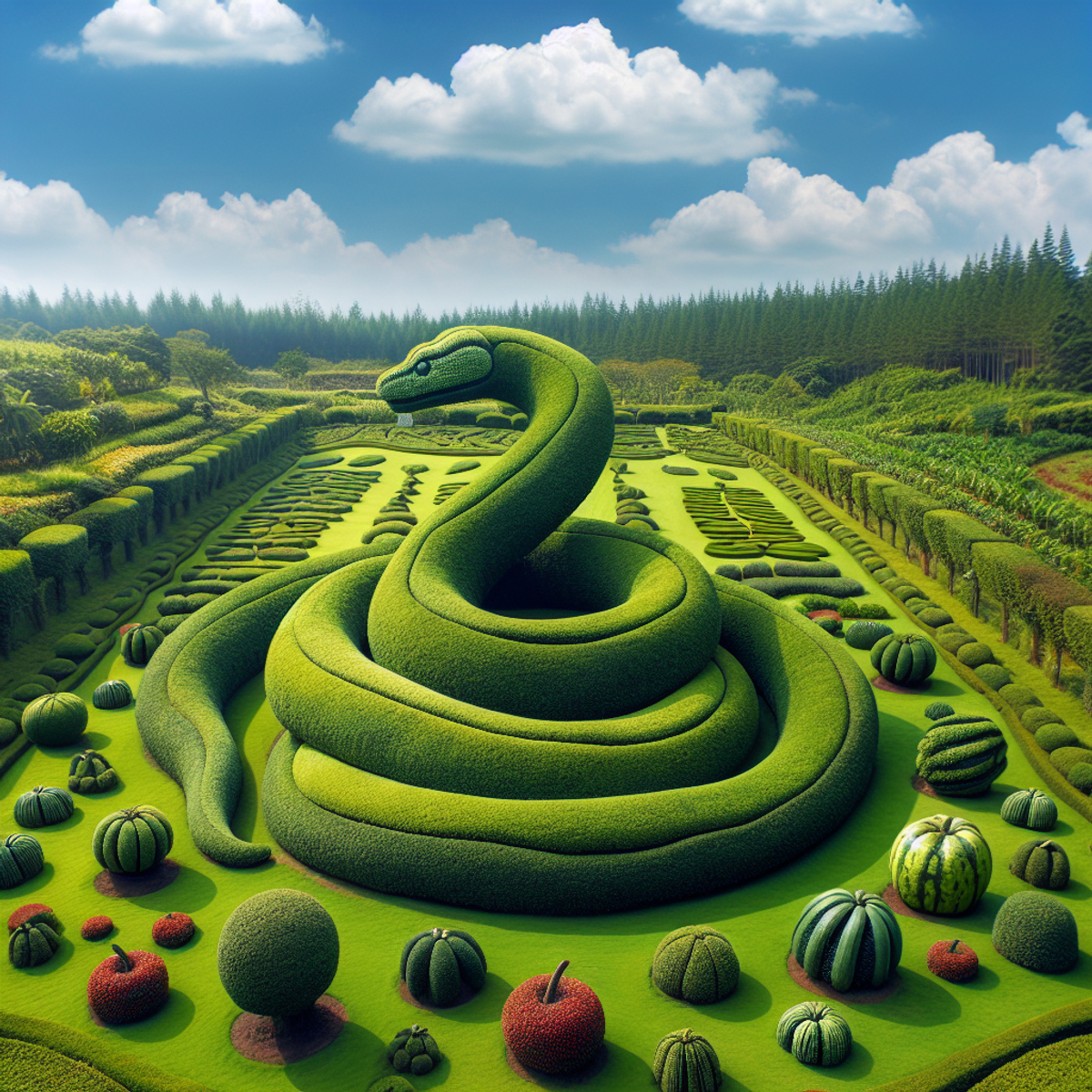 A large python-shaped topiary in a lush green field with smaller fruit and vegetable topiaries surrounding it.