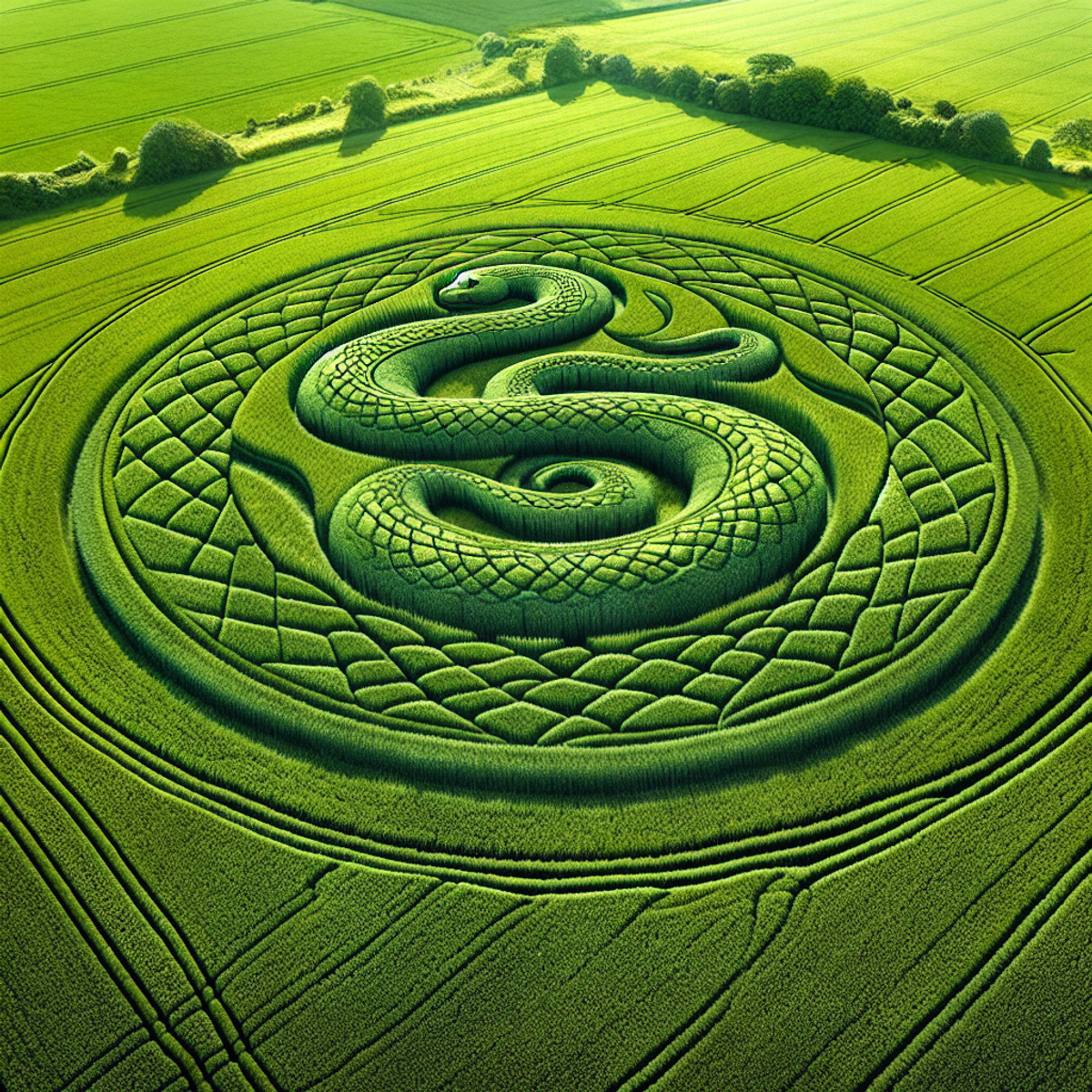 Aerial view of a crop circle in a lush green field.