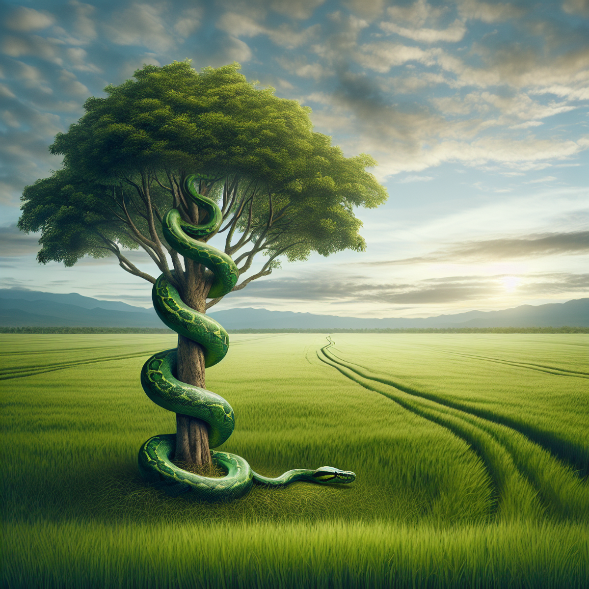 A verdant green field with a single tree and a python wrapped around one of the branches.