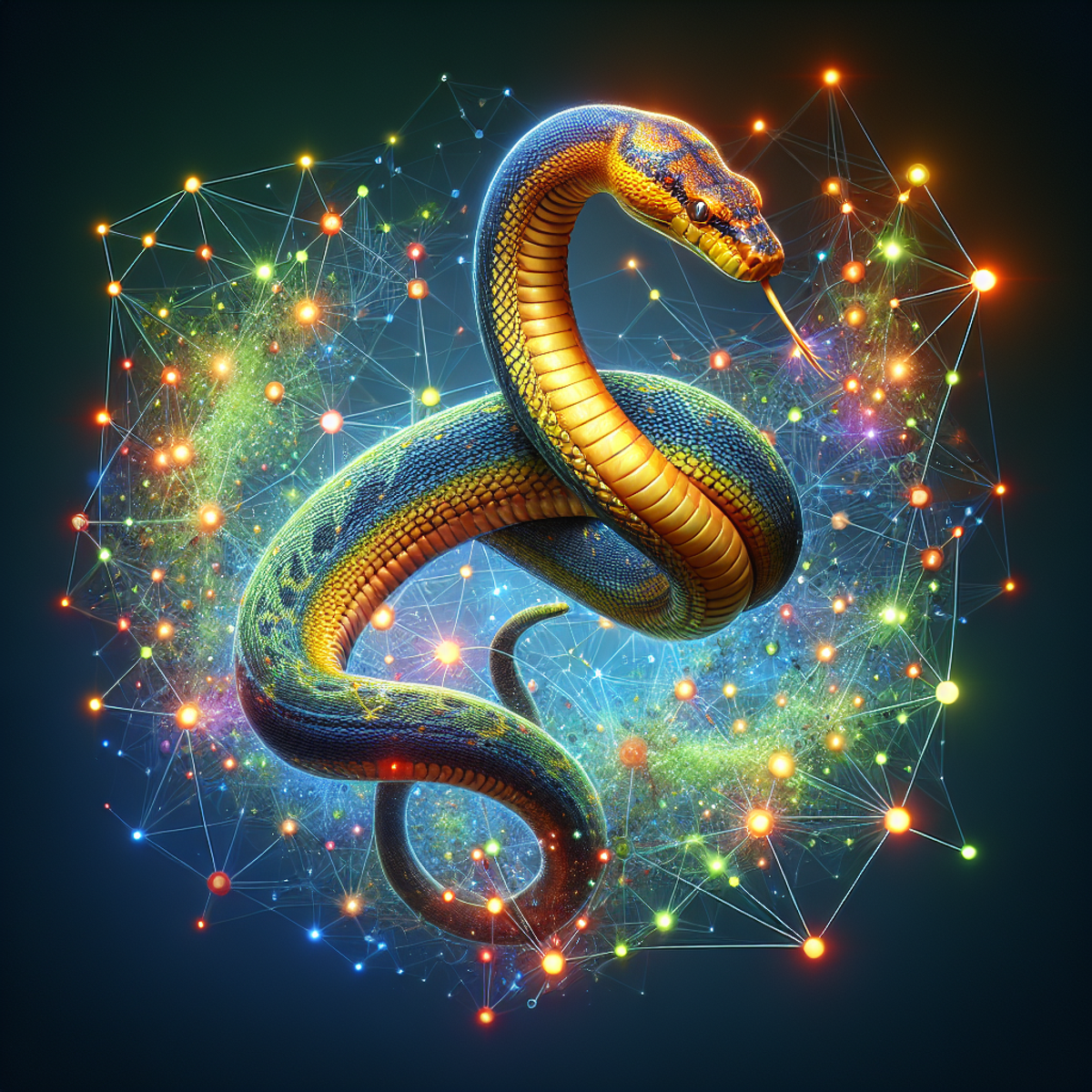 A python snake coils around a network of interlinked data nodes, symbolizing Python's proficiency in manipulating and processing big data.