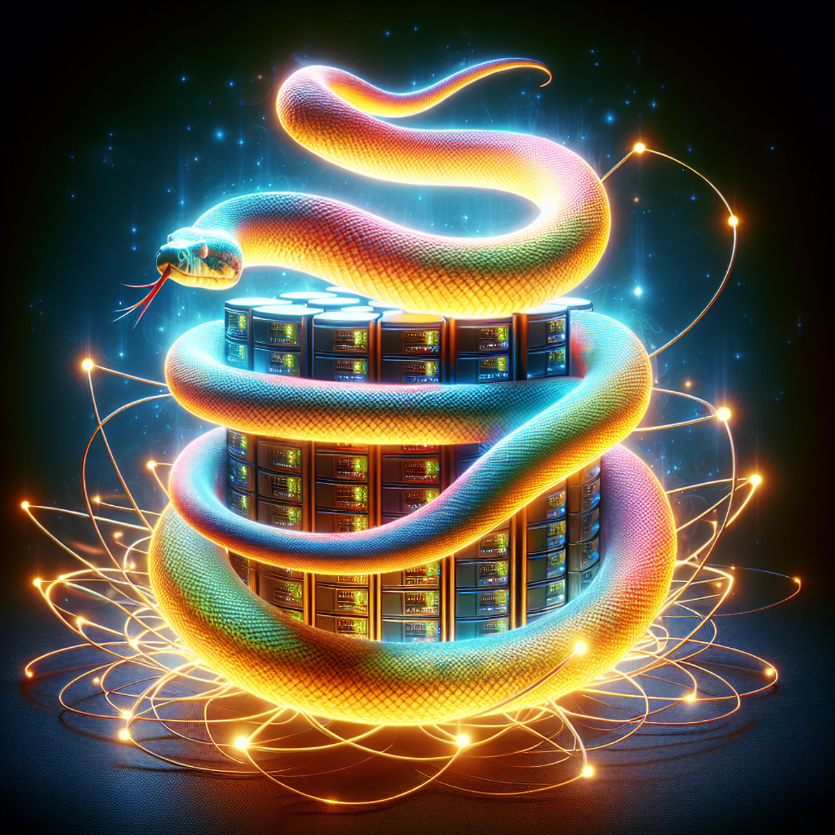 A coiled python snake in bright hues, intricately wrapped around a series of high-tech data servers, glowing with luminous energy.