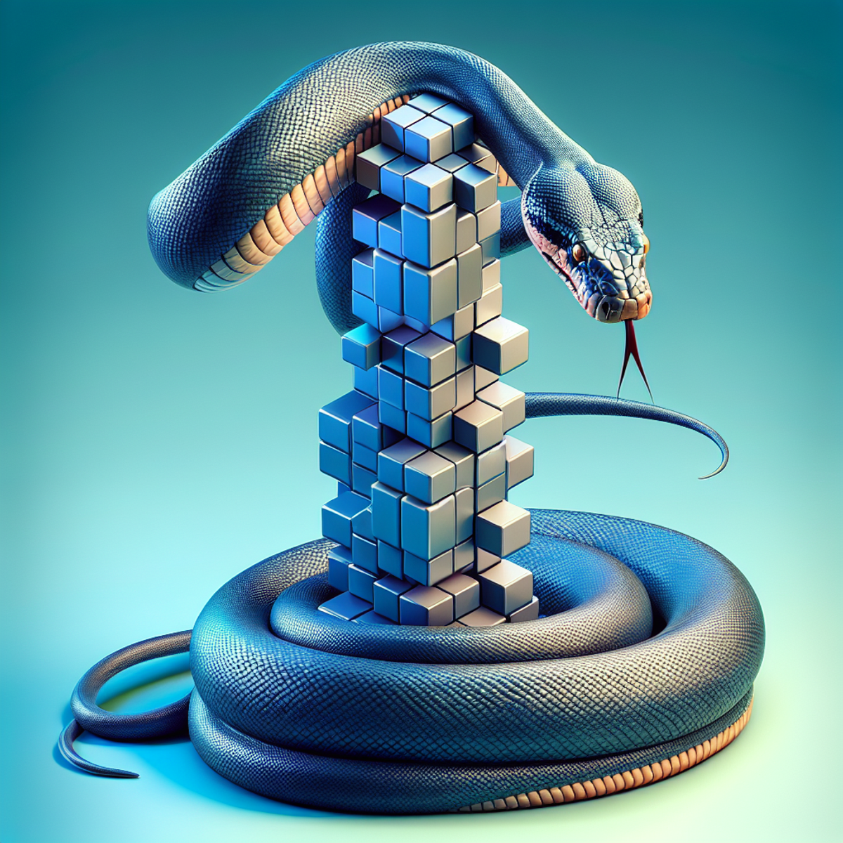 A large python snake coiling around a towering structure of 3D geometric cubes, symbolizing its power in handling data.