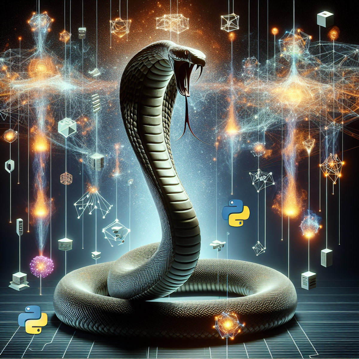 A large constrictor snake coils around 3D models of big data processing frameworks and tools, exuding a powerful and versatile energy.