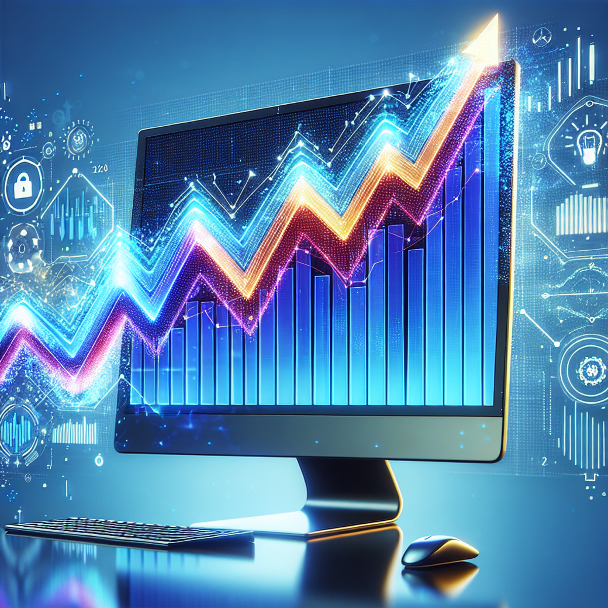 A computer screen displaying an abstract, colorful chart with an upward trend, representing the efficiency and scalability of machine learning in big data processing.