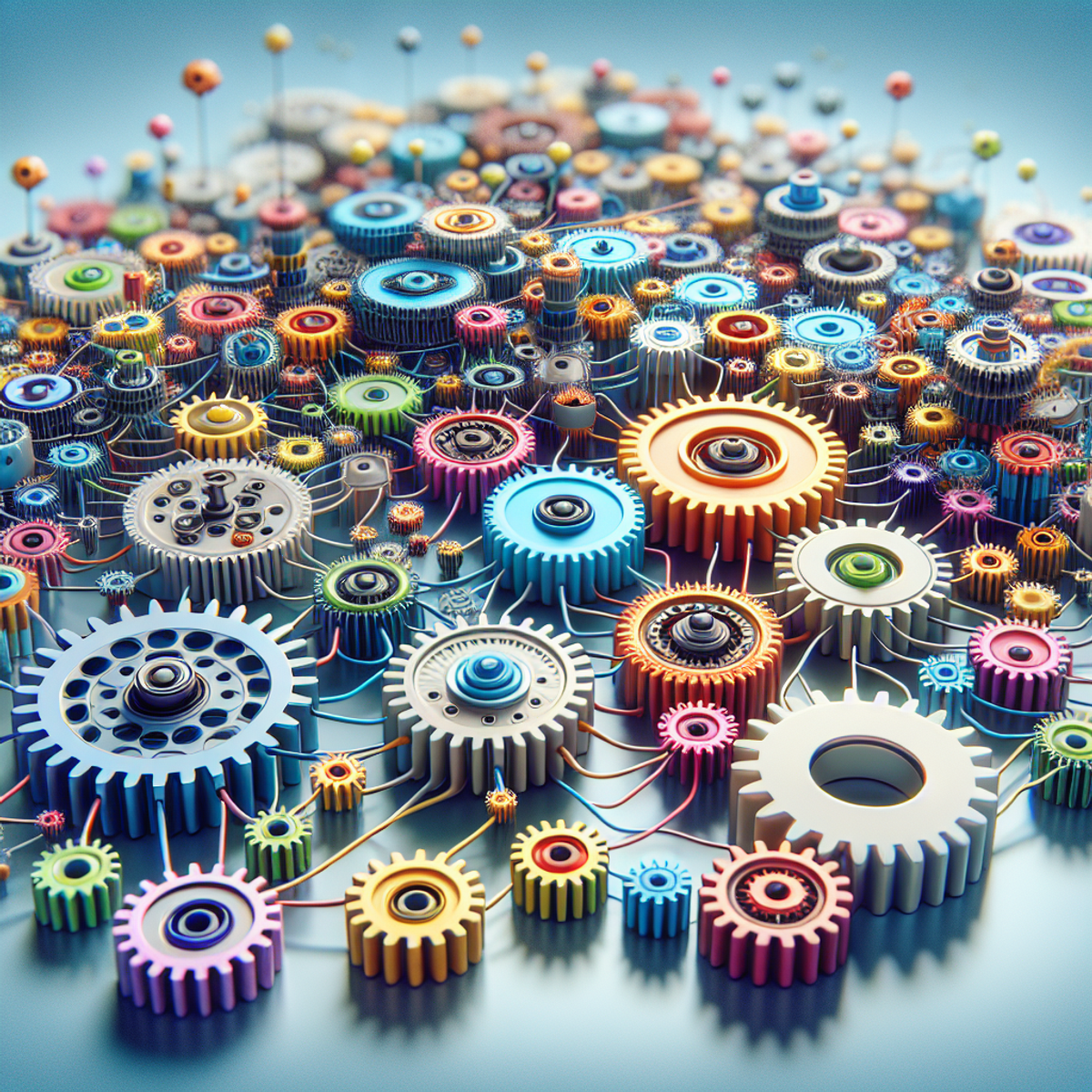 A complex network of interconnected gears representing machine learning models in various sizes and colors against a technological blue gradient background.