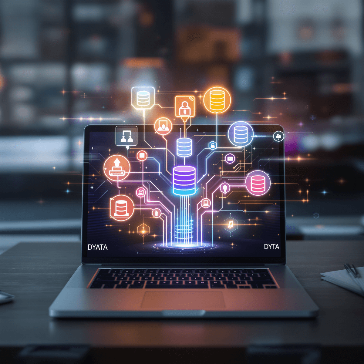 A sleek workspace with a laptop displaying glowing data streams connecting colorful database icons, set against a blurred tech-patterned background.