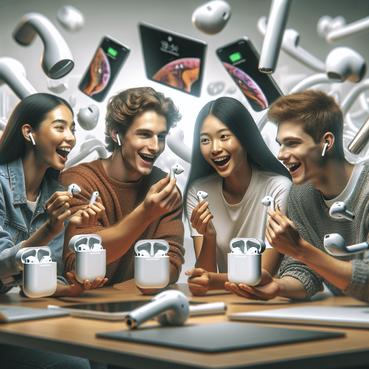 A diverse group of young individuals, including a Caucasian male and an Asian female, animatedly discussing the latest wireless audio gadgets that resemble AirPods. They are in a modern, tech-filled environment surrounded by sleek laptops and smartphones, each holding different versions of the wireless devices, embodying a vibrant atmosphere of innovation in audio technology.