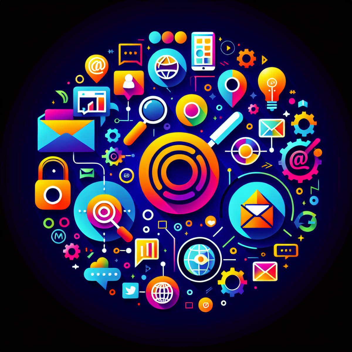 A vibrant and dynamic digital marketing campaign image featuring symbolic representations of search engine, social media, email marketing, and website channels.