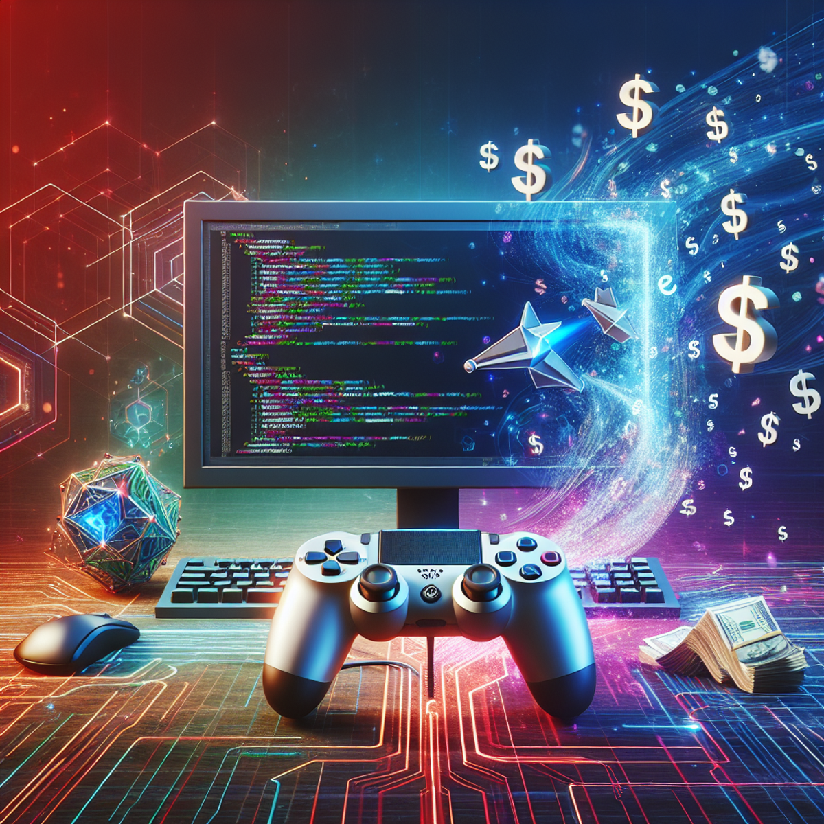 Become a Successful Indie Game Developer in 2024:A computer screen displaying abstract symbols representing programming code, with a game controller beside it and floating dollar signs in a vibrant color palette.