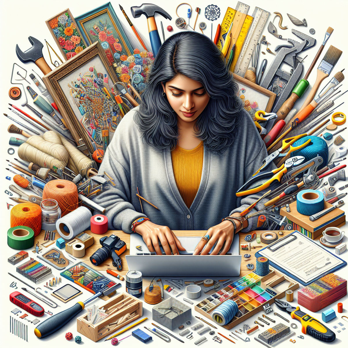 Become a Successful Indie Game Developer in 2024: A woman sits at a desk with a laptop, surrounded by various workshop paraphernalia and symbolic items representing her online course accomplishments.