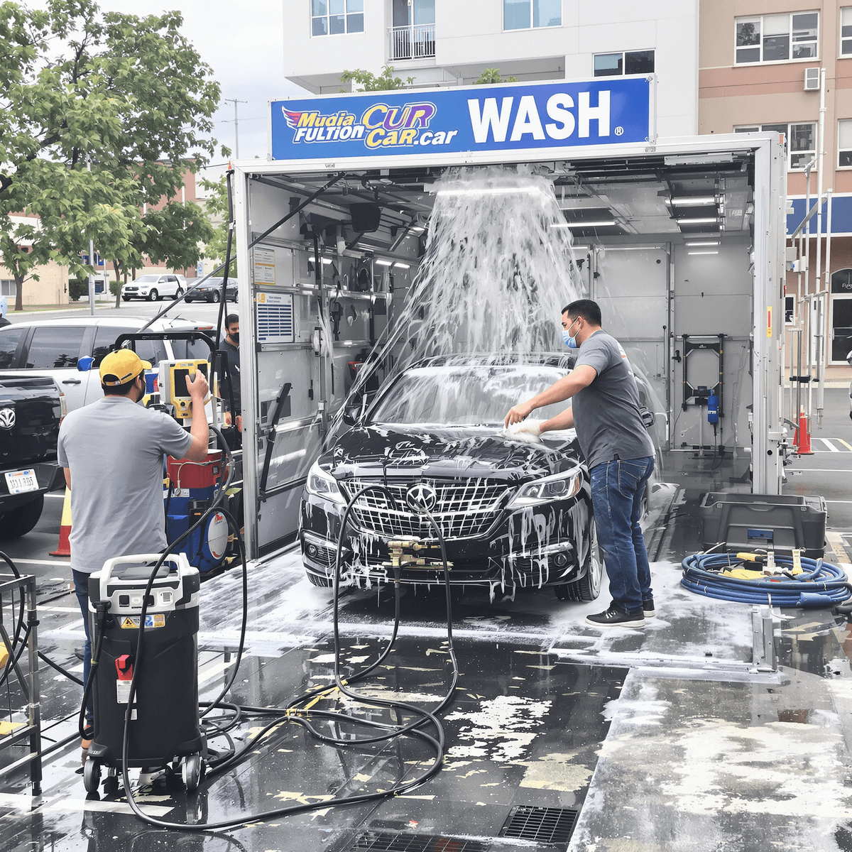 A mobile car wash setup in a parking lot with a shiny vehicle being detailed by a professional using high-quality cleaning equipment, set against an urban backdrop.