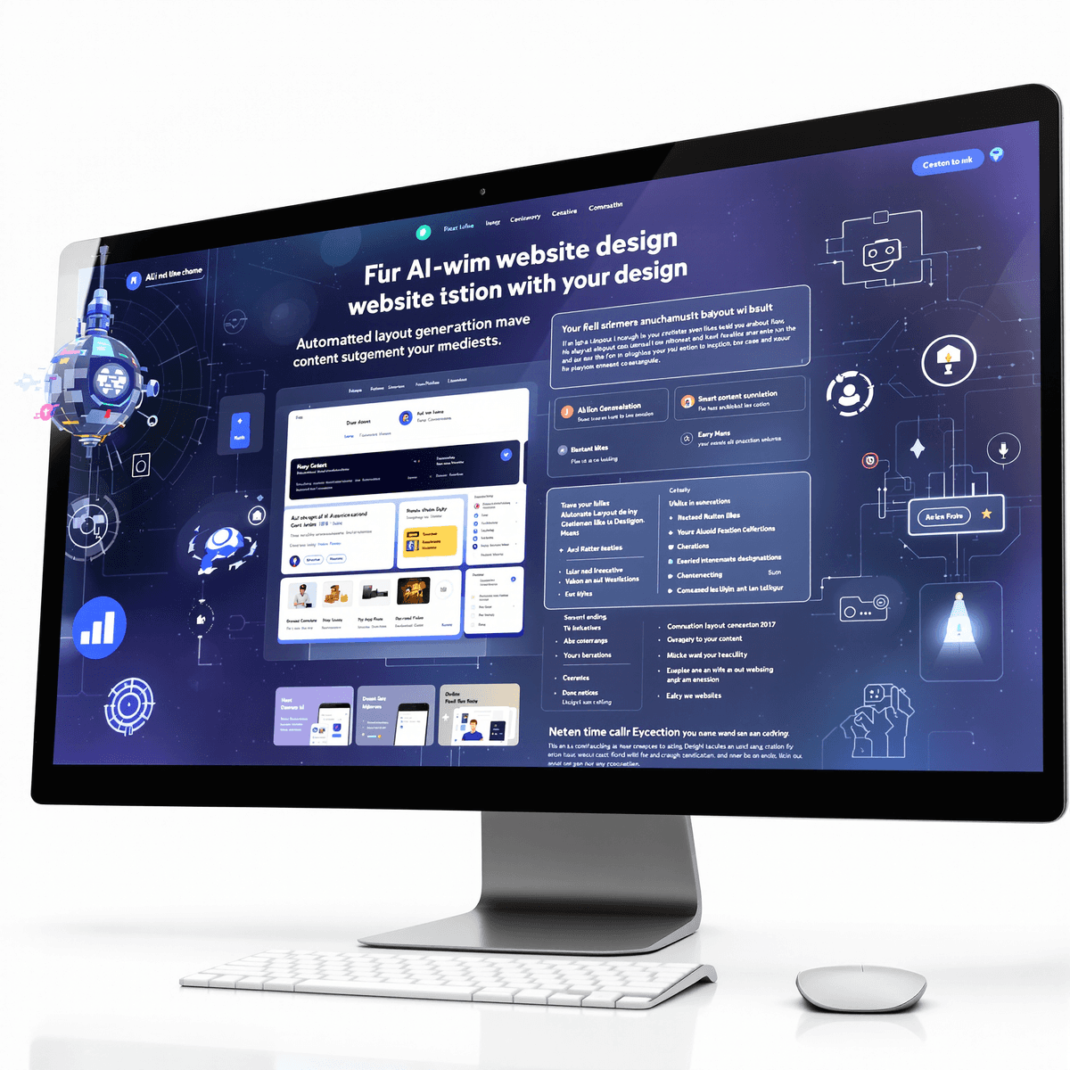 A sleek computer screen showing an AI-powered website design interface with automated layout, smart content suggestions, and futuristic AI icons.
