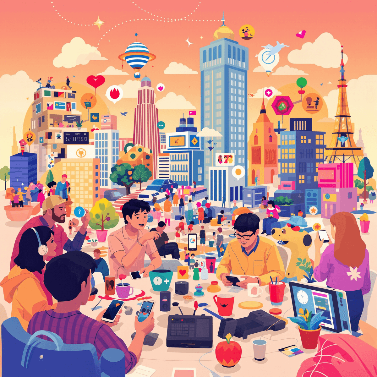 Minh họa kỹ thuật số về các game thủ hợp tác trong một thành phố ảo sống động, nhấn mạnh sự teamwork, cộng đồng và phát triển bền vững với màu sắc ấm áp và biểu tượng trừu tượng.