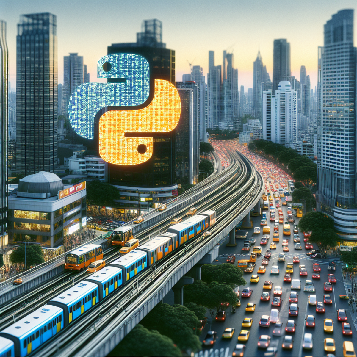 A bustling cityscape with integrated Python programming language logo elements in the transportation system.