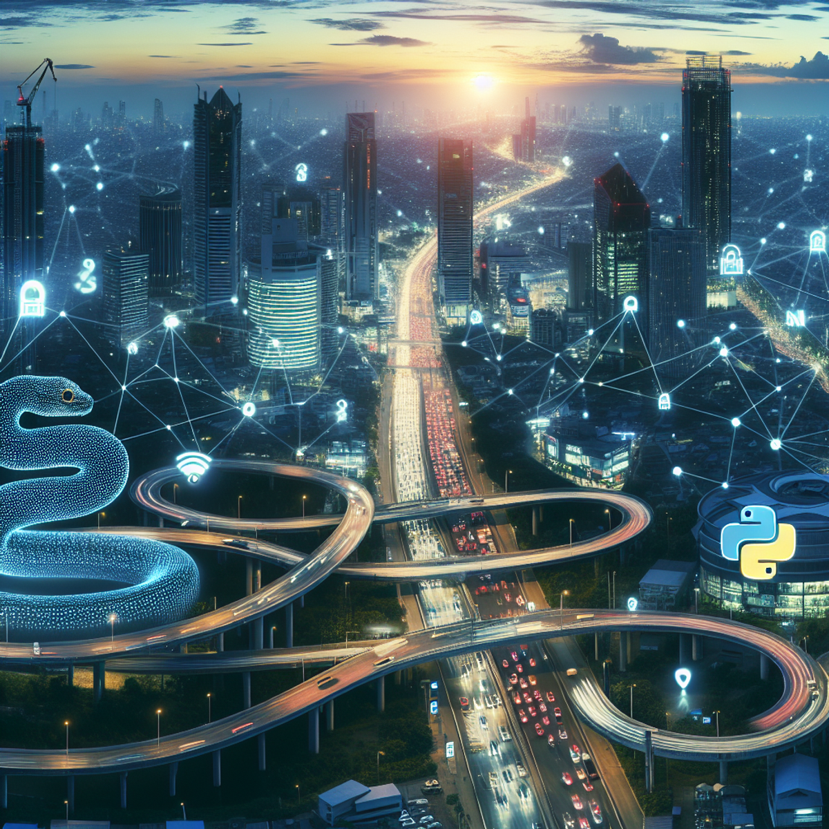 A futuristic cityscape at dusk with self-driving cars and smart traffic lights, featuring an oversized coiled python and tangled streams of 1s and 0s forming some of the city's structures.