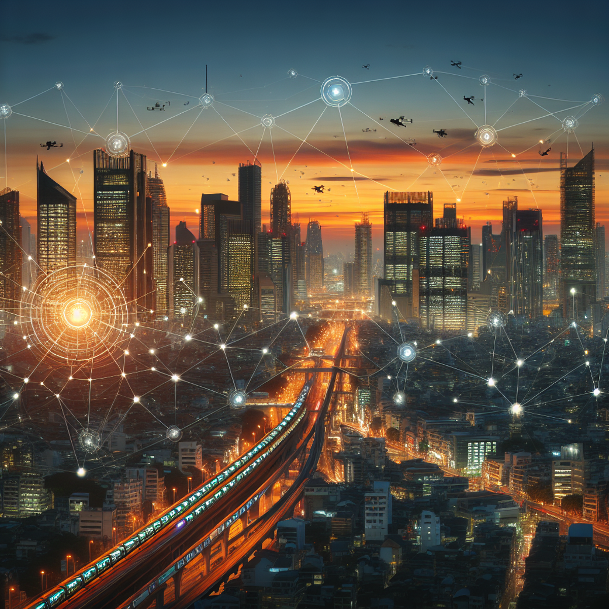 City skyline at twilight with interconnected lines and glowing nodes, depicting complex communication technologies and intelligent transportation systems.