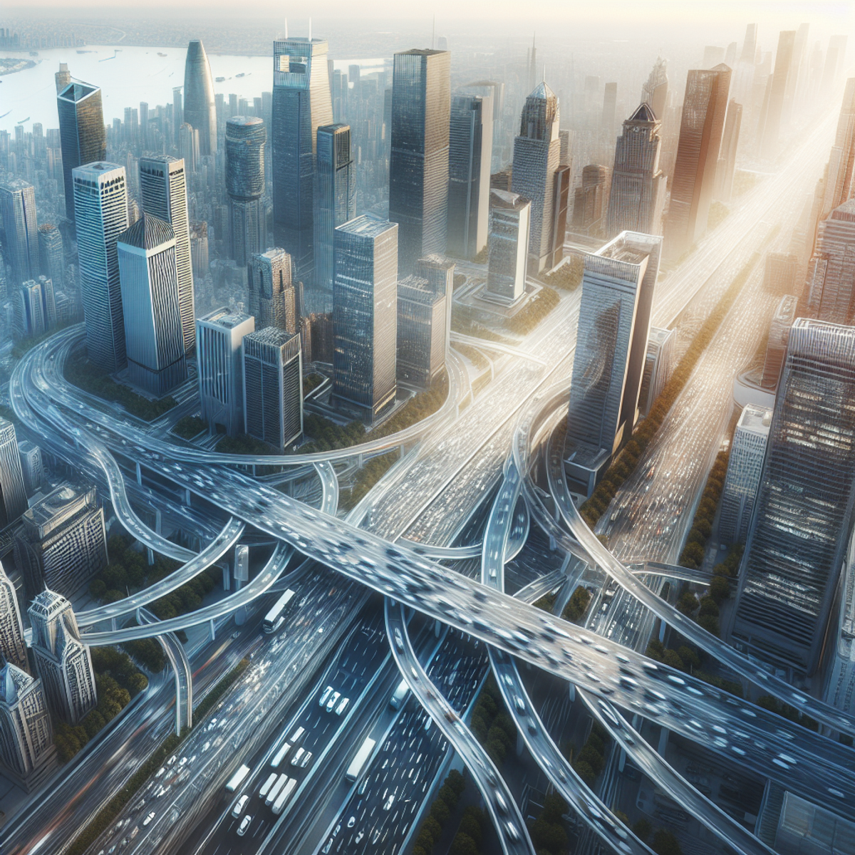 City skyline with skyscrapers, roads, and vehicles.