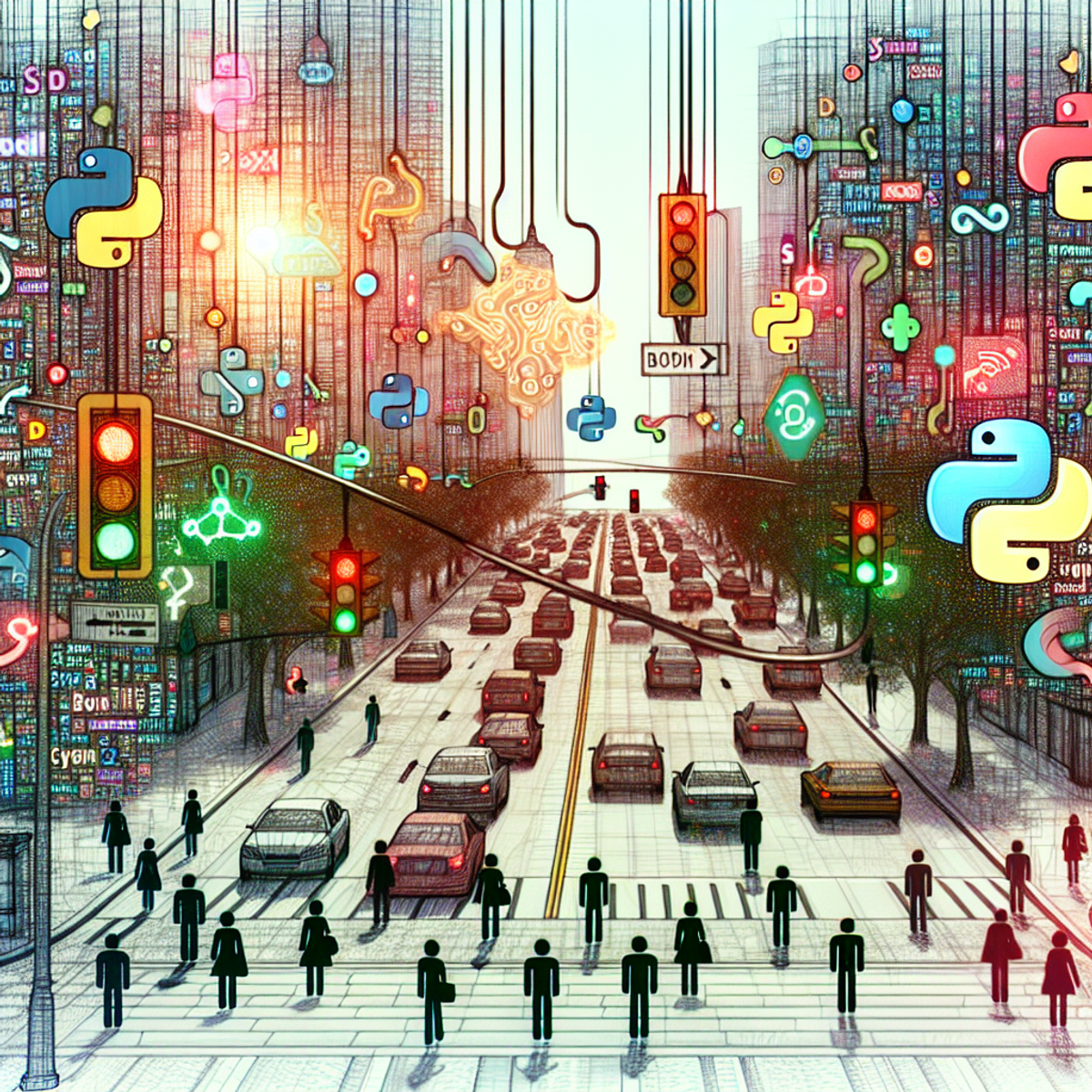 An urban city scene with traffic flowing smoothly, abstract symbols representing Python code snippets integrated into road signs and traffic lights, and ambiguous figures walking on the sidewalks.