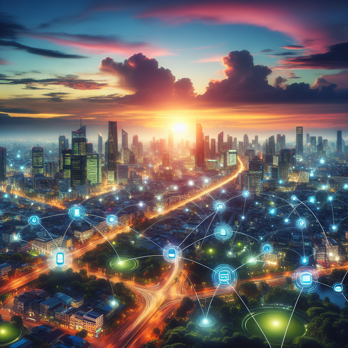 Cityscape at dusk with glowing interconnected devices.