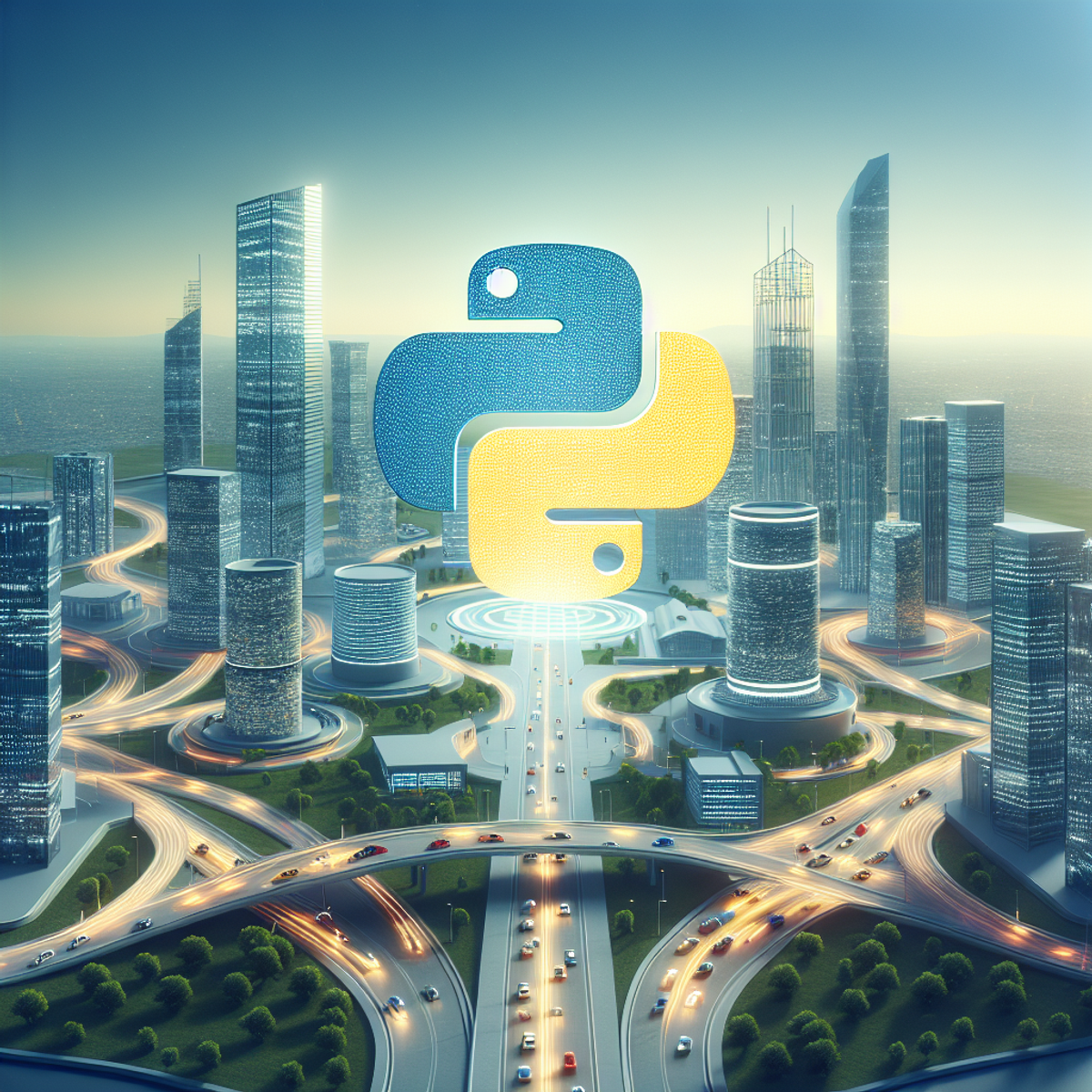A futuristic cityscape with sleek modern buildings and advanced technology, featuring the Python programming language logo integrated into the design.