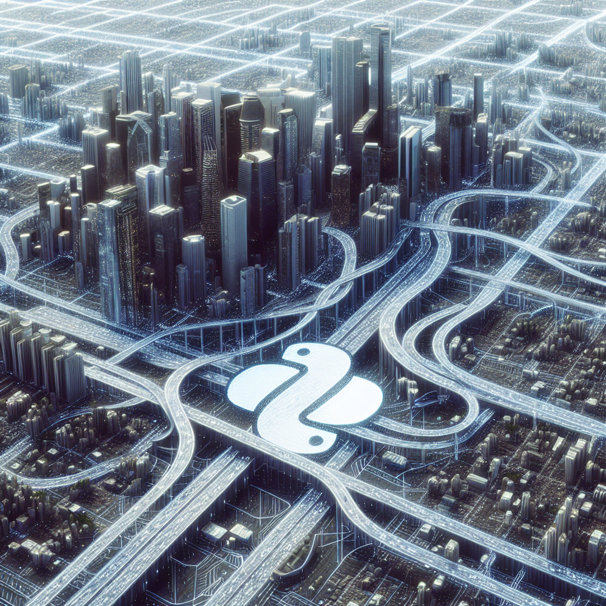 alt="A futuristic cityscape with interconnected roads and intelligent vehicles, featuring a subtle incorporation of the Python logo into the architectural design and diverse people using advanced technology in their daily lives."