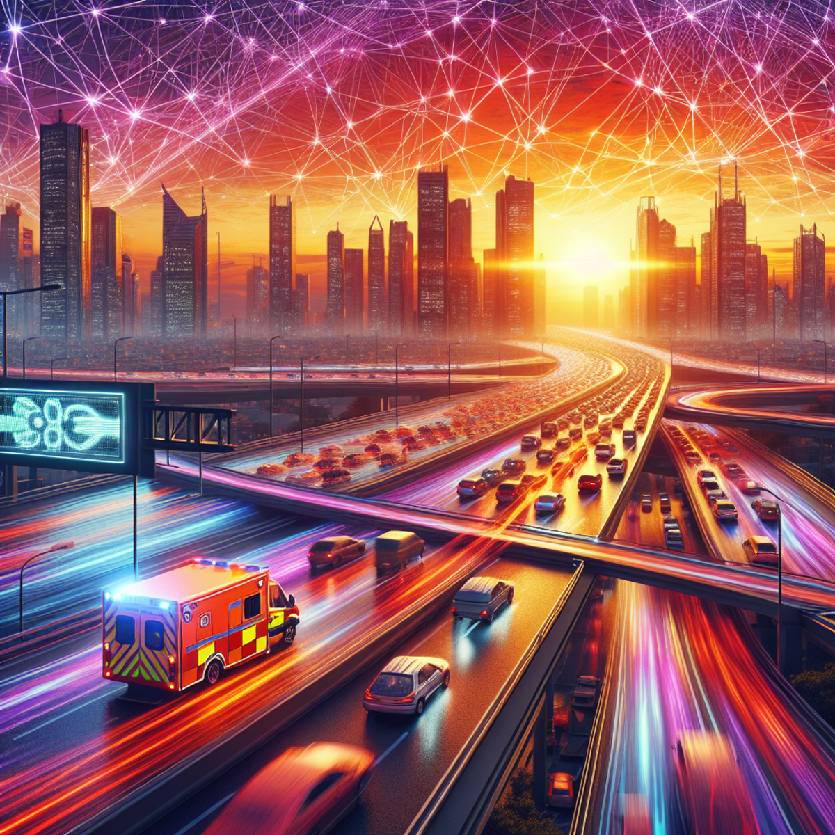 A bustling cityscape at sunset with a network of roads filled with cars, an emergency vehicle with flashing lights, and a digital display showing traffic symbols.