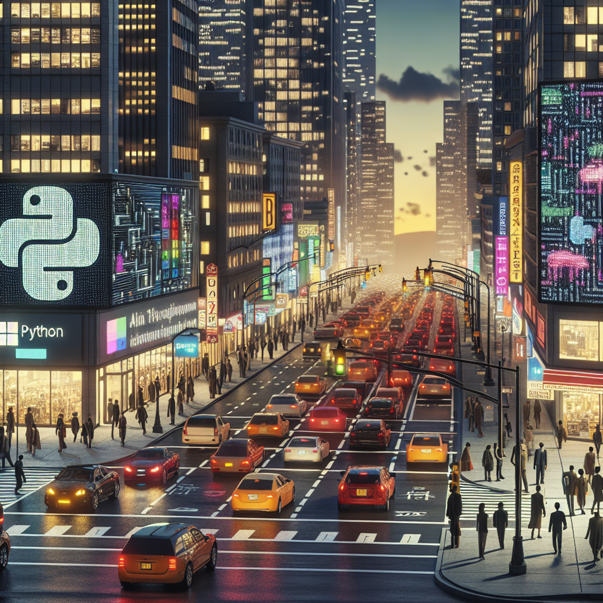A bustling cityscape in the evening with dynamic traffic lights symbolizing a Python program controlling them, cars adhering to the signals, and pedestrians engrossed in electronic devices.