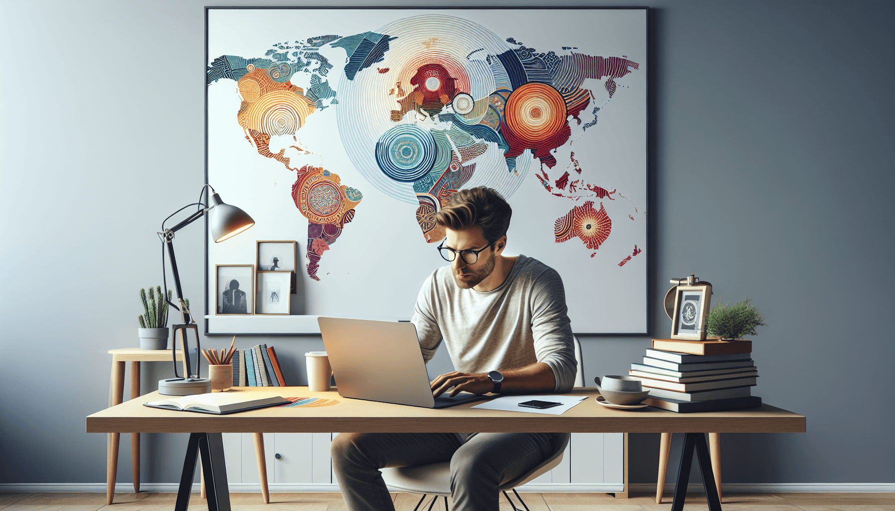 A Caucasian man with glasses working on a laptop in a minimalistic room with a world map mural behind him.