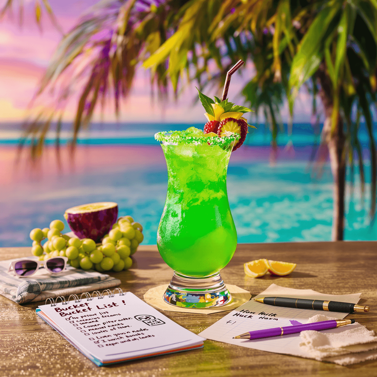 A colorful Incredible Hulk cocktail in a stylish glass, surrounded by a tropical backdrop, with a notepad and pen symbolizing adventure and personal growth.
