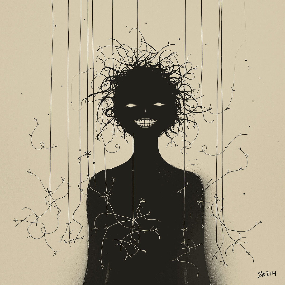 Shadowy female figure with charming smile, surrounded by delicate puppet strings and intertwined vines on a muted background symbolizing hidden danger.