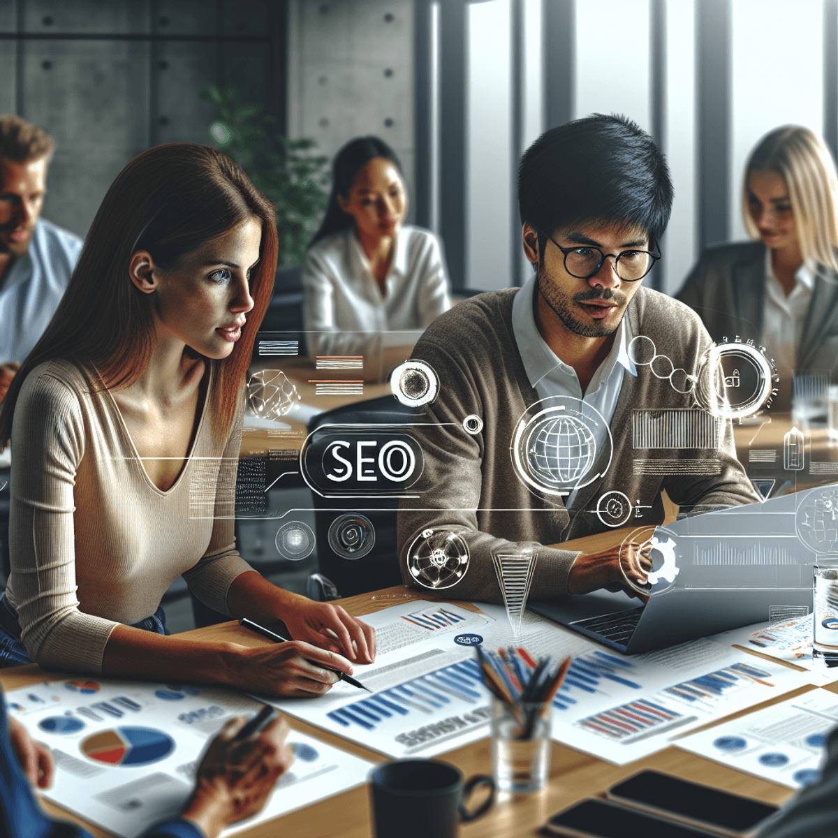 A diverse group of individuals engaged in a digital marketing workshop, with a focus on a Caucasian woman and an Asian man discussing SEO strategies over a laptop. The table is filled with notes, diagrams, and charts related to SEO, while the contemporary office setting enhances the atmosphere of collaboration and learning.
