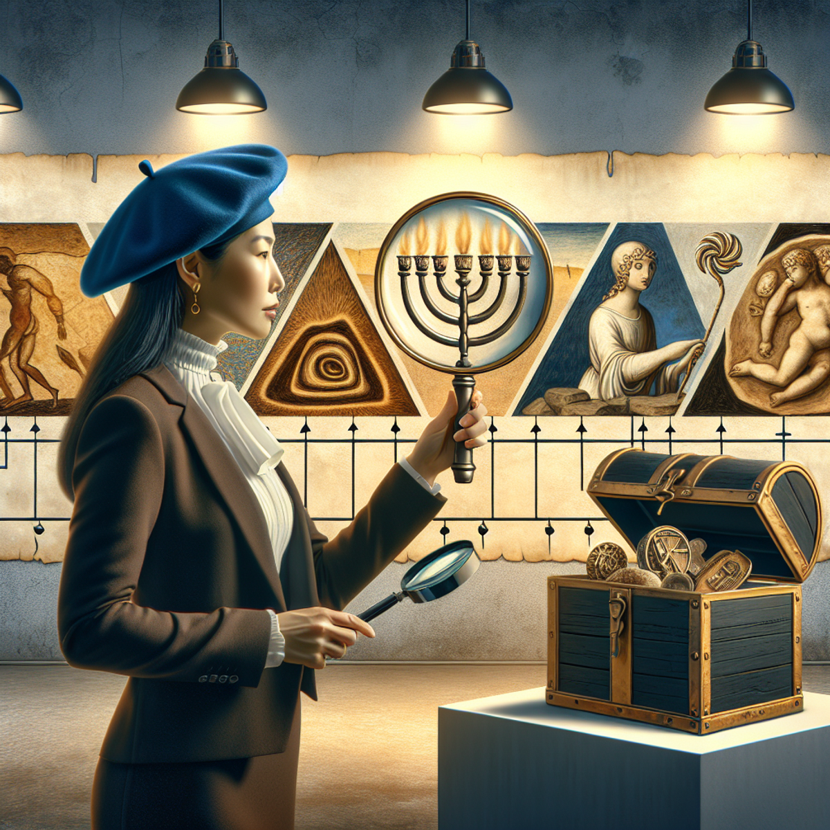 A woman in a beret examines a menorah and a treasure chest with a magnifying glass, surrounded by abstract art period representations.